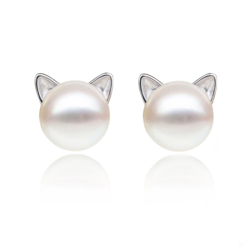 S.Leaf Cat Pearl Earrings for Women Sterling Silver Hypoallergenic Flat Back Stud Cat Memorial Earrings Best Friend Birthday Gifts for Women Trendy Siser Mom Wife Womens Her Friend Party - Image 1